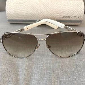 Jimmy Choo white, silver, soft tint aviator sunglasses. With hard case & duster
